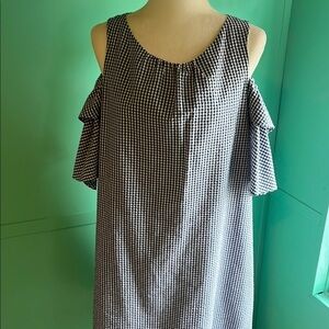 Seersucker cold shoulder shift style dress.
